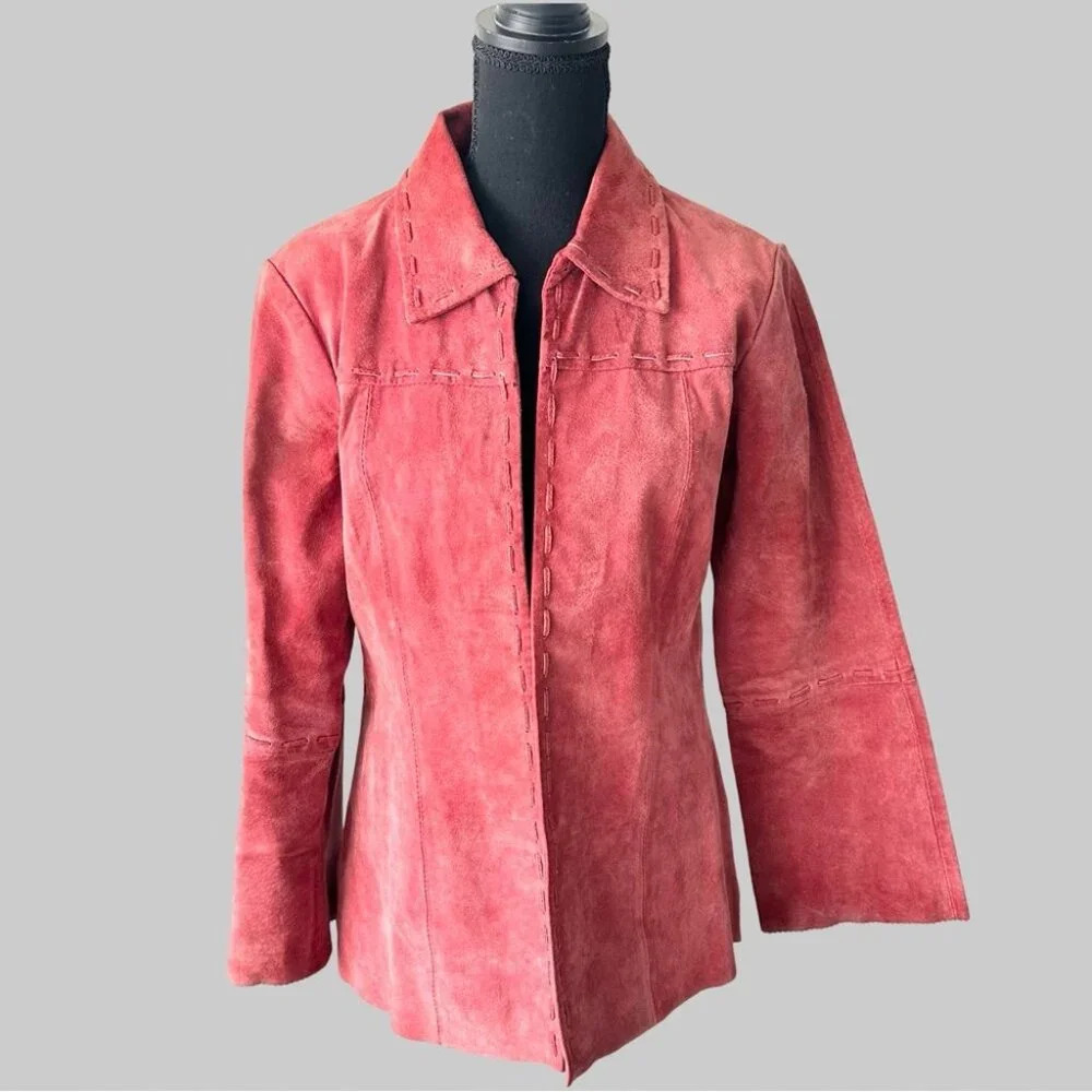 Cleo Coral Red Suede Leather Braided Leather Jacket